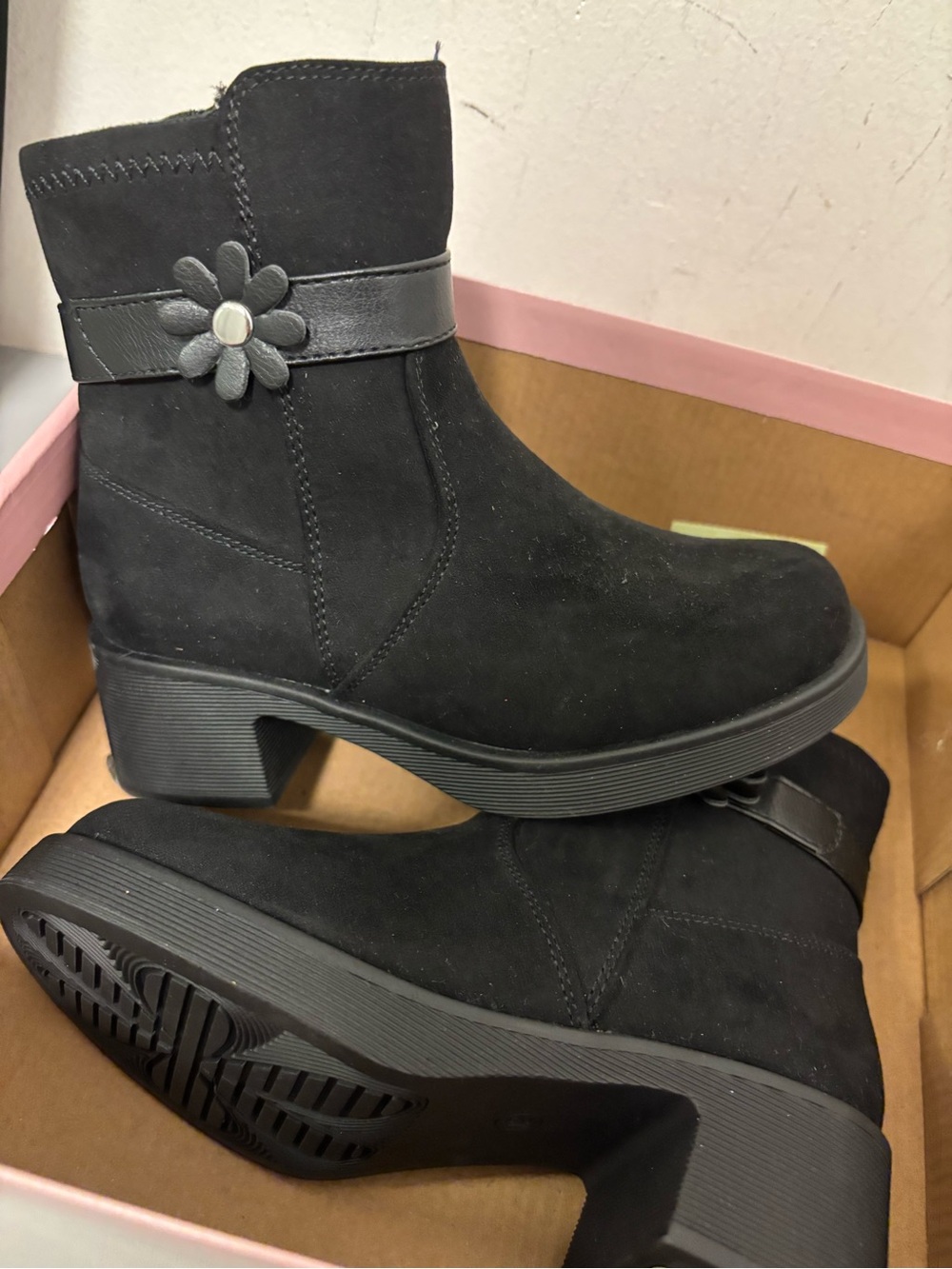 Rachel Shoes Black Kids Ankle Boots with Flower Accent